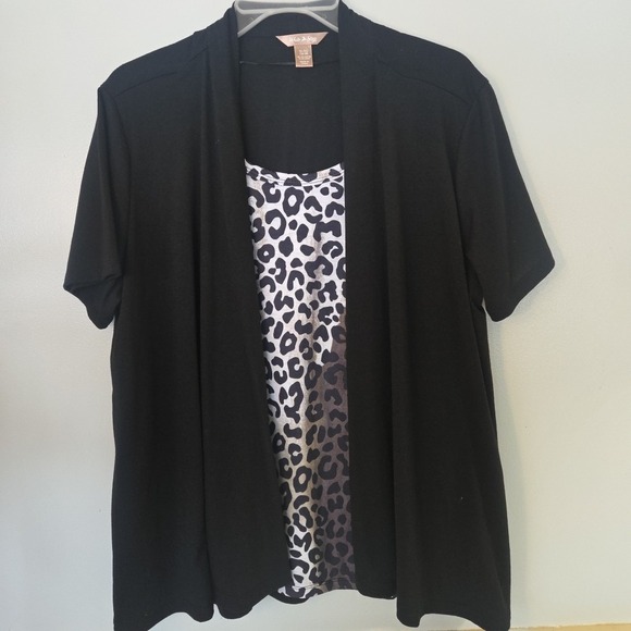 White Stag Black 2 in 1 Cardigan Cheetah Animal Print Blouse Shirt Top Size XL - Picture 2 of 8